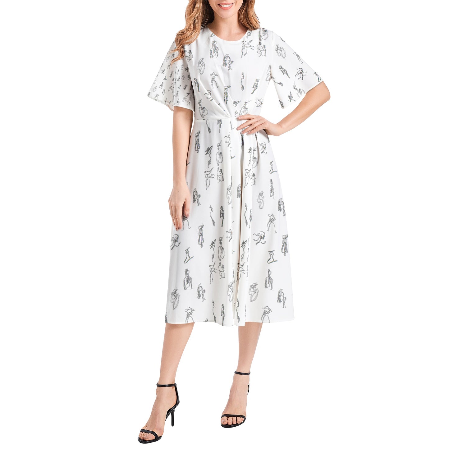 Short Sleeve Waist Folding Midi Dress