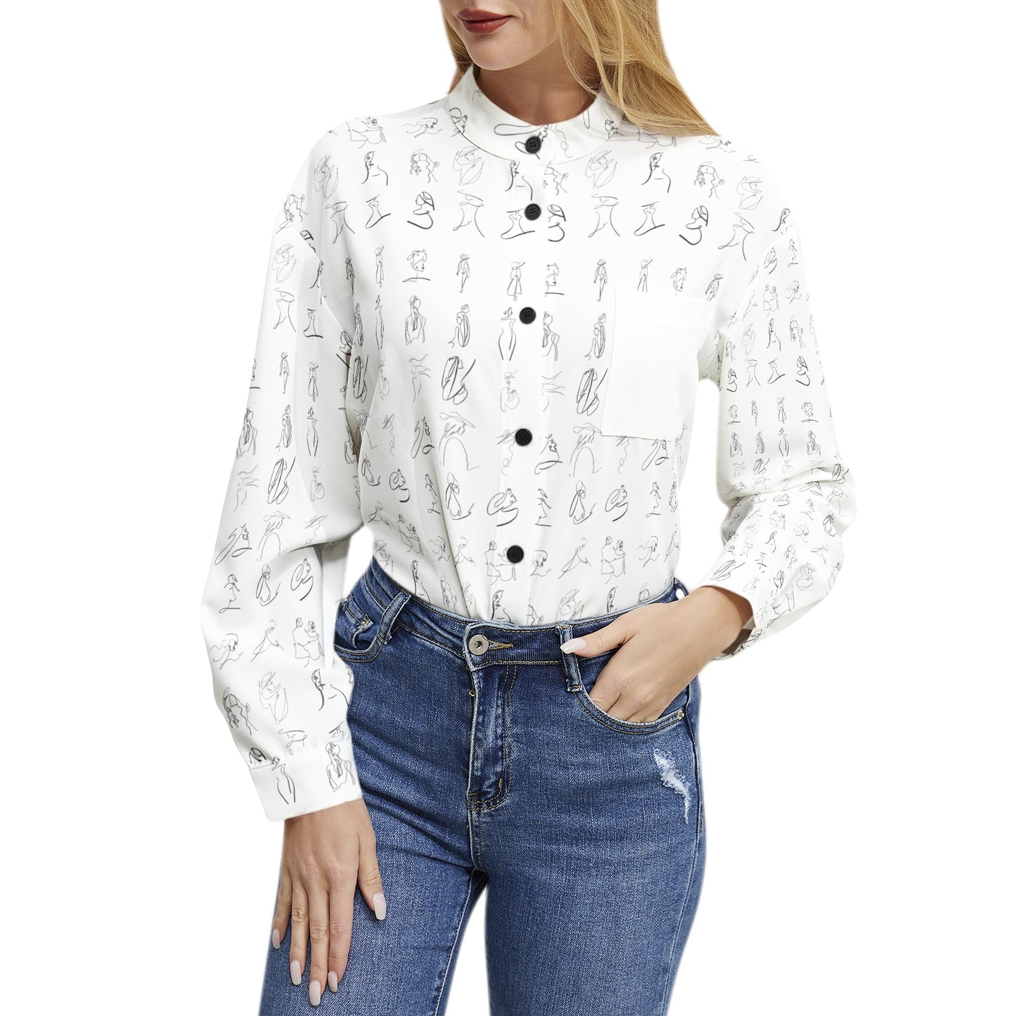 AkashicLineArt Long Sleeve Button Up Casual Shirt Top