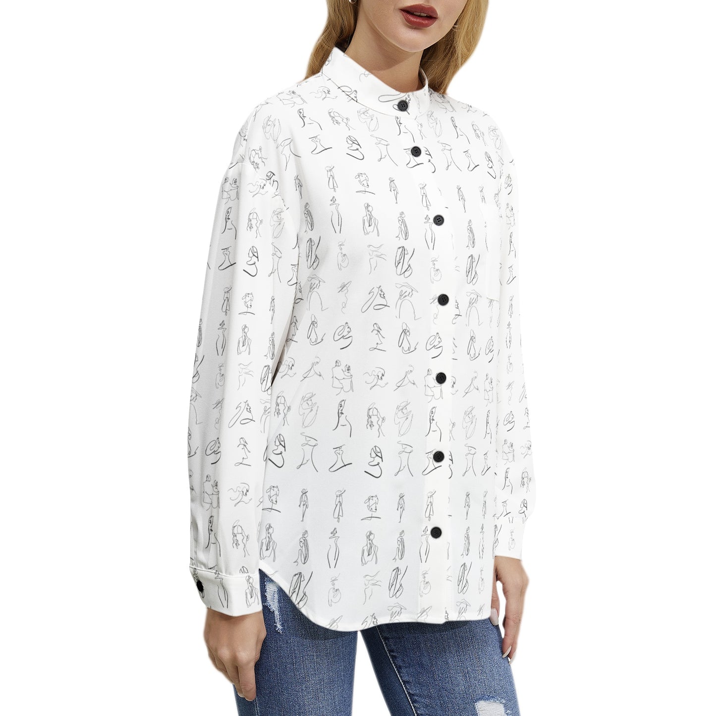 AkashicLineArt Long Sleeve Button Up Casual Shirt Top