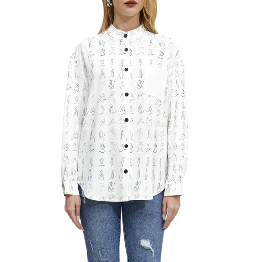 AkashicLineArt Long Sleeve Button Up Casual Shirt Top